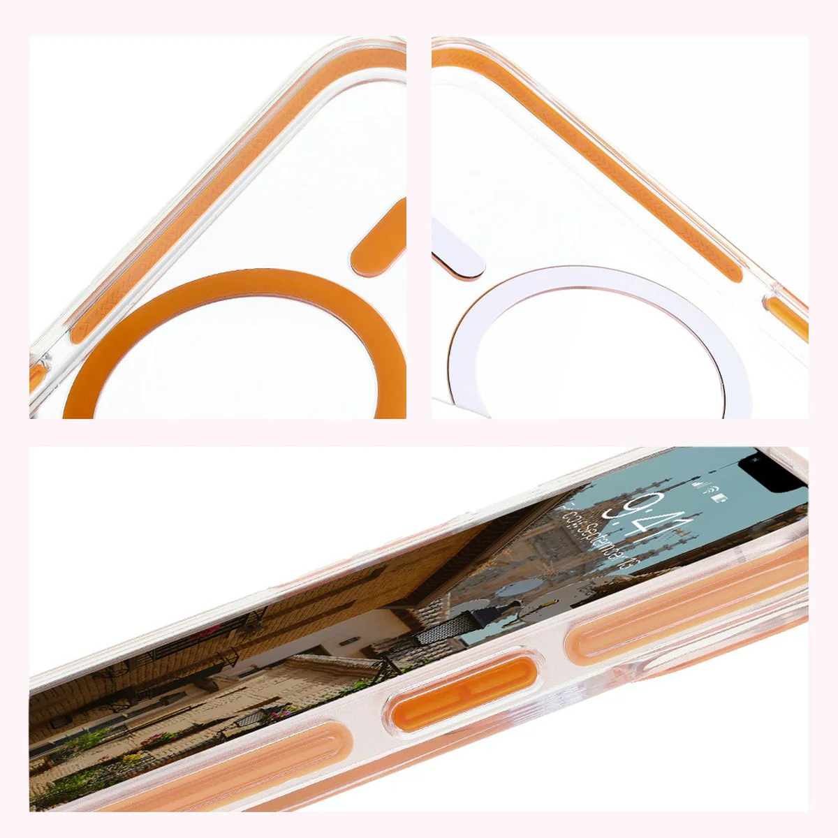 Handyhülle mit Magnetring für iPhone 14/13, Bizon Case Marco, Transparent mit orangem Rahmen - Image 5