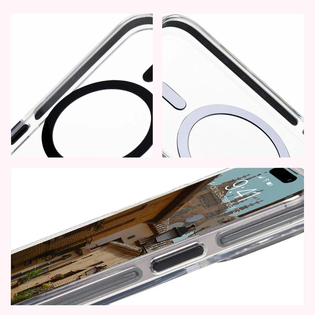 Handyhülle mit Magnetring für iPhone 15 Pro, Bizon Case Marco, Transparent mit schwarzem Rahmen - Image 5