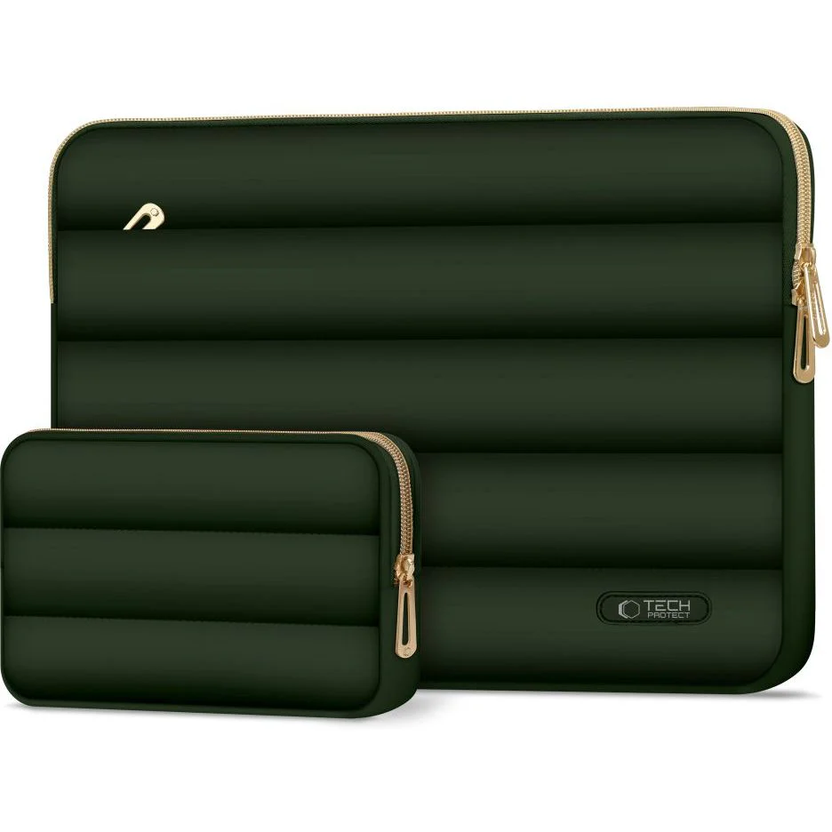 Schutzhülle für Laptop 15" - 16" + kleine Zubehörtasche, Tech-Protect Puffy, Dunkelgrün - Image 4